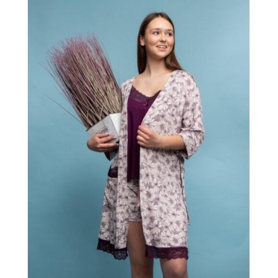 Виксозный комплект с халатом - фиолетовый с цветами