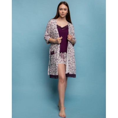 Віксозний комплект з халатом - фіолетовий з квітами