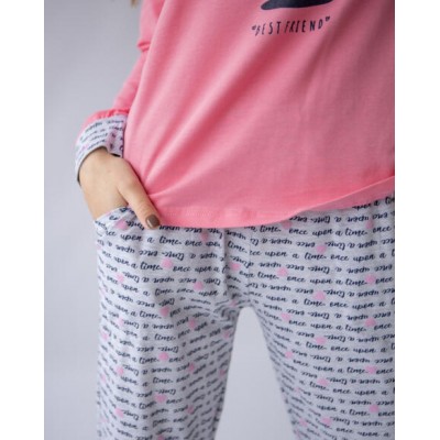 Пижама женская со штанами, розовая - котики в чашке
