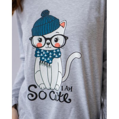 Жіноча піжама зі штанами, сіра - кіт So Cute