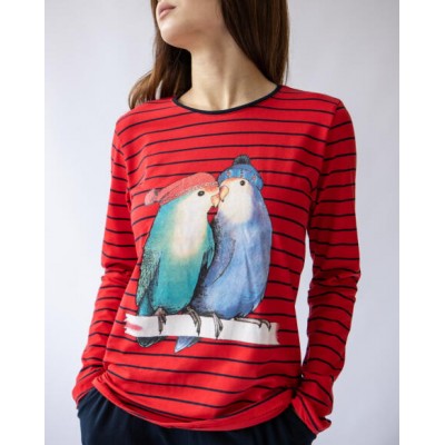 Женская пижама со штанами - красная с попугаями