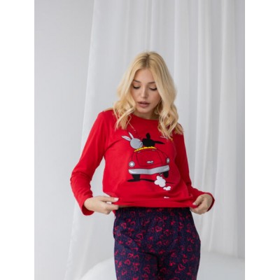 Червона жіноча піжама зі штанами - кролики в машині