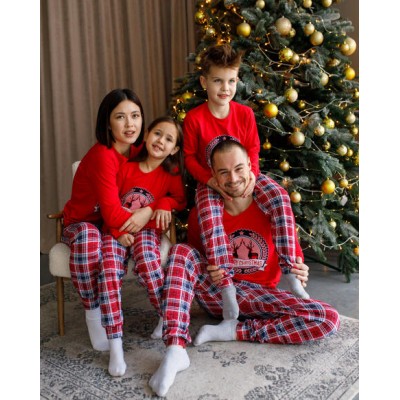 Пижама Family look на девочку со штанами в клетку- Merry Christmas