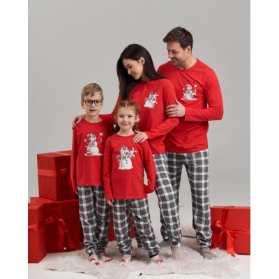 Піжама на дівчинку зі штанами в клітинку - Сніговик - Family look для родини