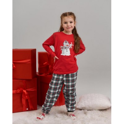 Піжама на дівчинку зі штанами в клітинку - Сніговик - Family look для родини