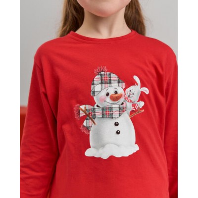 Пижама на девочку со штанами в клетку - Снеговик - Family look для семьи
