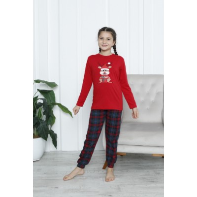Детская пижама на девочку со штанами - Олень с подарком - Family look для семьи