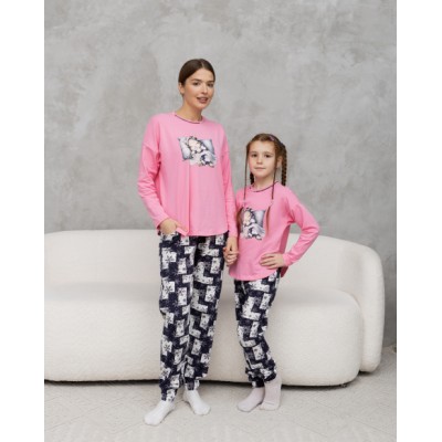Пижама на девочку подростка - штаны в снежинки - Family look мама/дочка
