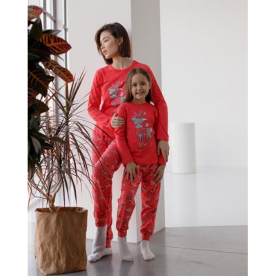 Новогодний Family look комплект на девочку со штанами - зимний олень