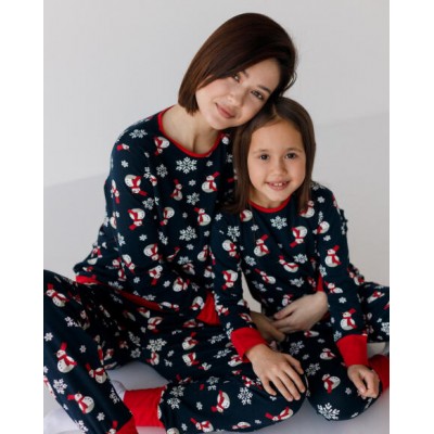 Новогодняя пижама на девочку Family look со штанами - маленькие снеговики