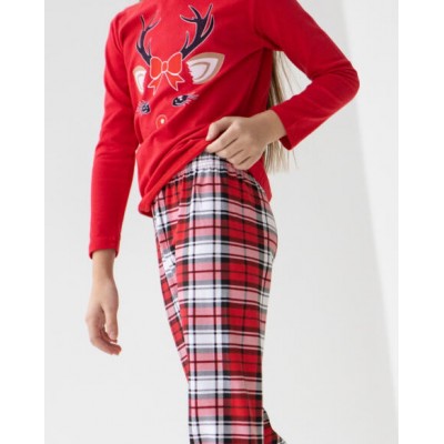 Червона піжама на дівчинку зі штанами в клітку - олень