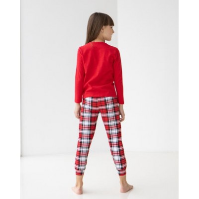 Красная пижама на девочку со штанами в клетку - олень
