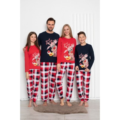 Пижама на девочку-подростка со штанами в клетку - Олень с чашкой - Family look для семьи