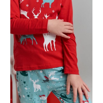 Піжама на дівчинку зі штанами новорічна - Олені - Family look мама/донька