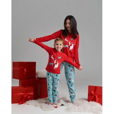 Пижама на девочку со штанами новогодняя - Олени - Family look мама/дочь