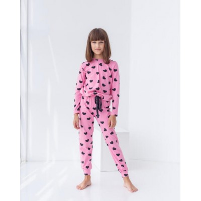 Пижама для девочки со штанами - розовая с сердечками