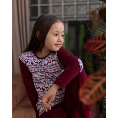 Комплект на девочку со штанами - бордовая с оленями