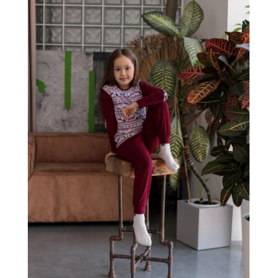 Комплект на дівчинку зі штанами - бордова з оленями.