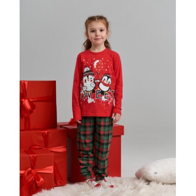 Комплект на дівчинку зі штанами в клітинку  - новорічні пінгвіни - Family look Мама/донька