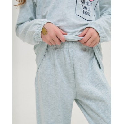 Пижама для девочки со штанами - в рубчик- Мишка в кармане