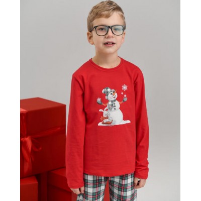 Комплект на мальчика со штанами в клетку - Снеговик - Family look для семьи