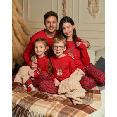 Підліткова піжама для хлопчика в клітинку - Новорічний олень - Family look для родини