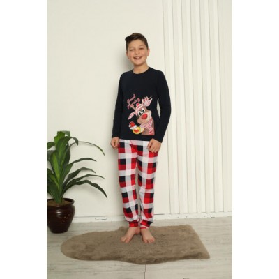 Дитяча піжама для хлопчика зі штанами в клітинку - Олень з чашкою - Family look для родини