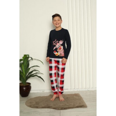 Підліткова піжама для хлопчика зі штанами в клітинку - Олень з чашкою - Family look для родини