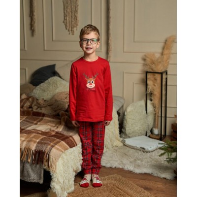 Детская пижама для мальчика в клетку - Новогодний олень - Family look для семьи