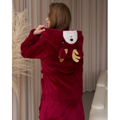 Короткий жіночий халат ВелюрСофт - олень на капюшоні - Family look мама/донька