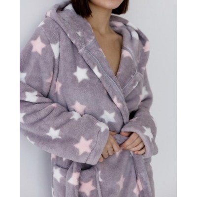Короткий жіночий халат ВелюрСофт - сірий із зірками