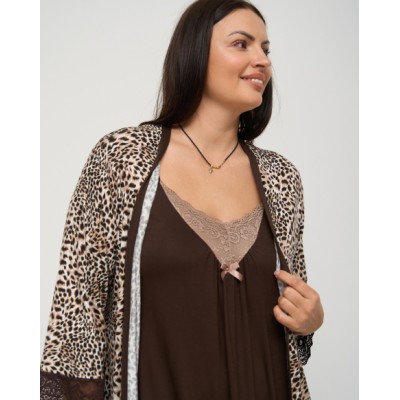 Комплект халат + сорочка з мереживом - Леопард - Віскоза