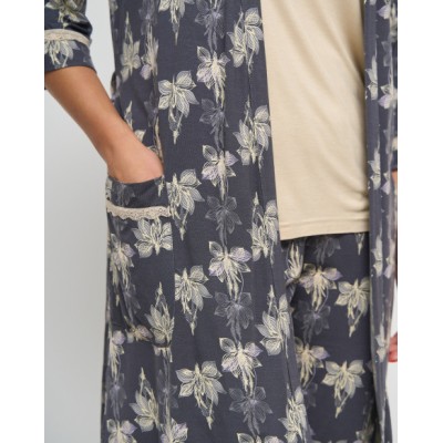Батальный комплект-тройка халат, футболка со штанами - Цветы - Вискоза