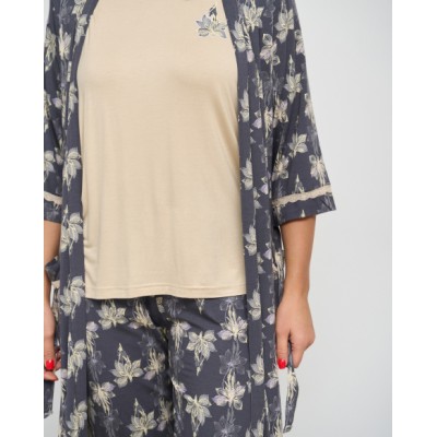 Батальный комплект-тройка халат, футболка со штанами - Цветы - Вискоза