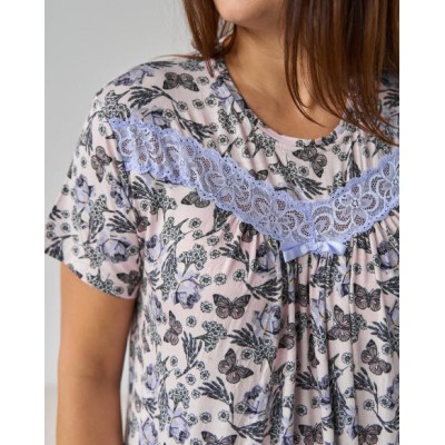 Батальная сорочка с рукавчиком - голубые цветы - Вискоза