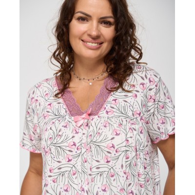 Вискозная сорочка с кружевом, батал - розовые цветы