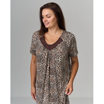 Вискозная сорочка с кружевом леопардовая - Батал
