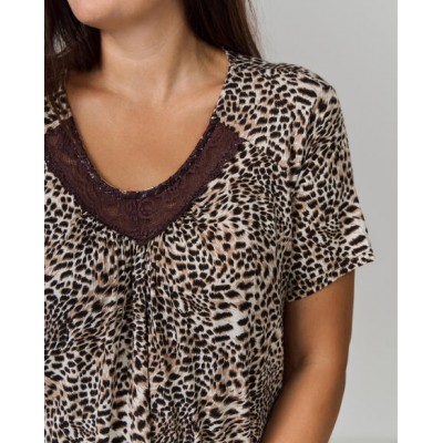 Вискозная сорочка с кружевом леопардовая - Батал