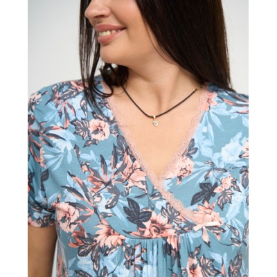 Вискозная сорочка, батал - голубая в листики и цветочки