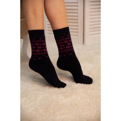 Жіночі теплі шкарпетки з рожевими сніжинками – темно-сині.