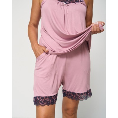 Вискозная однотонная пижама с майкой и шортами - кружево
