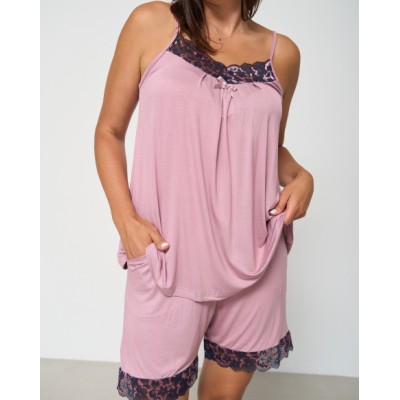 Вискозная однотонная пижама с майкой и шортами - кружево