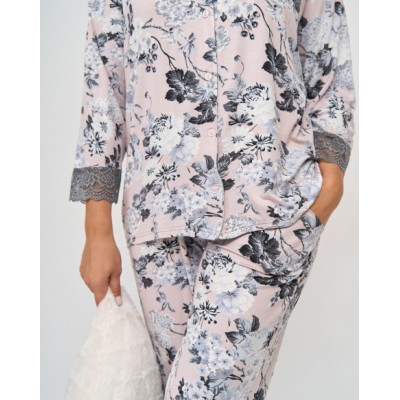 Піжама жіноча на ґудзиках зі штанами - віскоза - Темні квіти