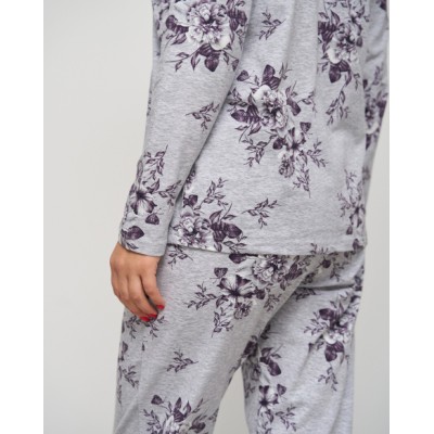 Батальная пижама со штанами и кофтой на пуговицах - Цветочный принт