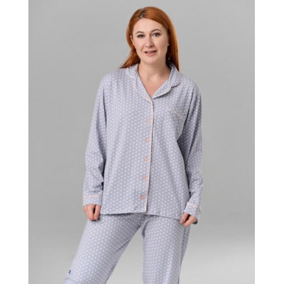 Батальная пижама со штанами и кофтой на пуговицах - Мелкие сердечки