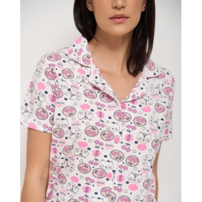 Женский комплект рубашка с шортиками - коты и вишенки