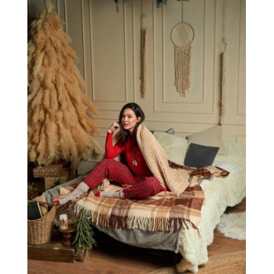 Жіноча піжама зі штанами в клітинку - Новорічний олень - Family look для родини