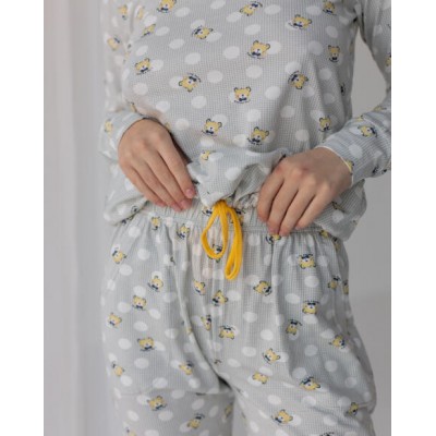 Женская пижама в горошек на завязках - желтые мишки