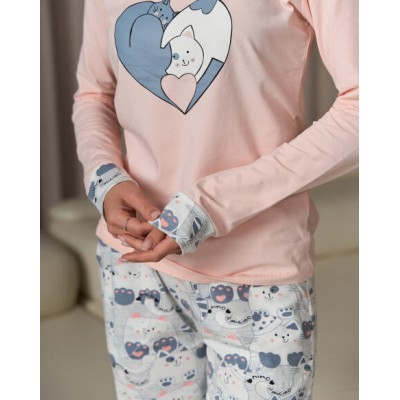 Женская пижама со штанами - Сердечко из котиков - Family look мама/дочь
