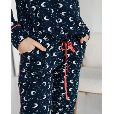 Женская пижама на завязках со штанами - синяя с лунами